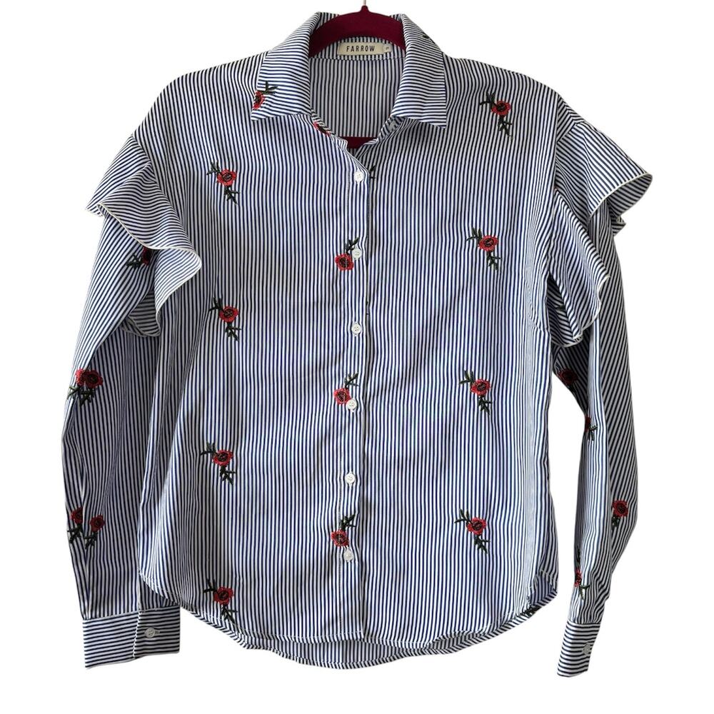 Farrow Blue & White Striped Long Sleeve Button Down Blouse Women’s Small Floral